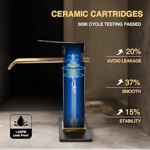 Bathroom Faucet Black & Gold Bathroom Sink Faucet Waterfall, Single Handle Vanity Faucet 1 Hole SUS304 Stainless Steel NSF PEX Tubing, CEC Certified, Pop-Up Drain & Supply Lines Included - color: Black and Gold, size: Short