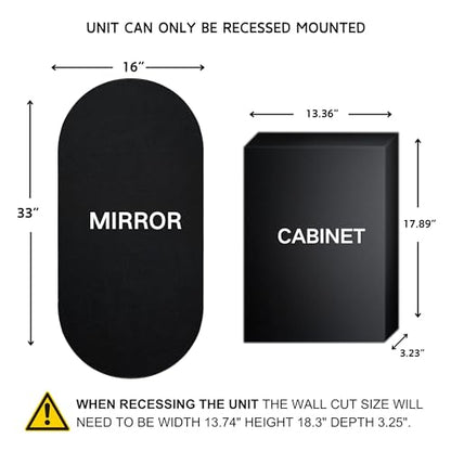 Brushed Nickel Oval Recessed Bathroom Medicine Cabinet with Mirror Stainless Steel Metal Framed Oblong Pill Shaped Bathroom Cabinet with Mirror 16x33'' - color: Brushed Nickel