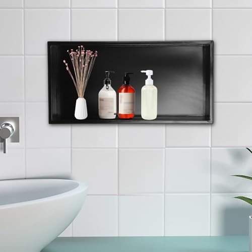 Waterproof Shower Niche Insert Wall Stainless Steel 24" X 12" No Tile Needed Recessed Shower Wall Surrounds Shelf for Bathroom Bedroom Storage Kitchen, Black