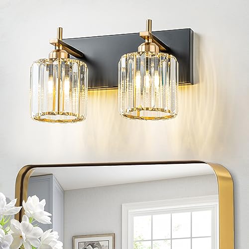 2-Light Crystal Bathroom Vanity Lights, Black Gold Modern Bathroom Light Fixtures Over Mirror Crystal Wall Lighting with Polished Gold Finish - color: Black Gold-Round Shade, size: 2-Light