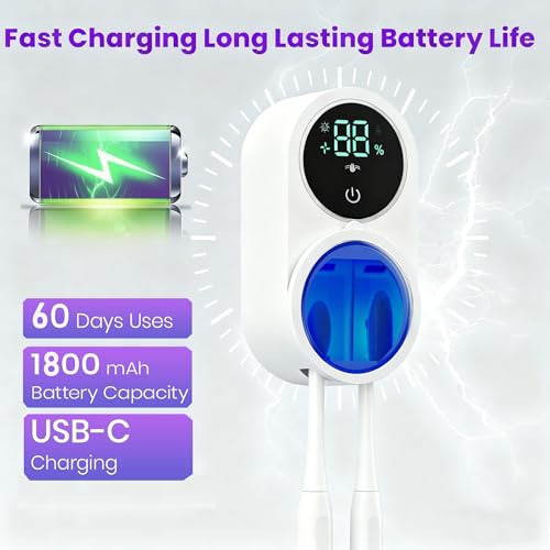 KLUEHOME Upgraded UV Toothbrush Sanitizer Holder for Bathroom, LED Smart Screen,Auto Light Cleaning and 140-Degree Air Drying, Rechargeable Mirror Wall Mounted,Fits Most Toothbrushes