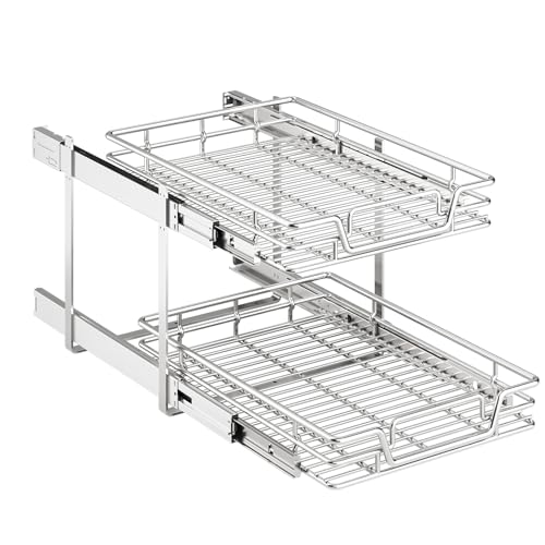 2-Tier Kitchen Cabinet Pull Out Shelf and Drawer Organizer Slide Out Pantry Storaqe Basket in Multiple Sizes (19" W x 21" D) - size: 19" W x 21" D