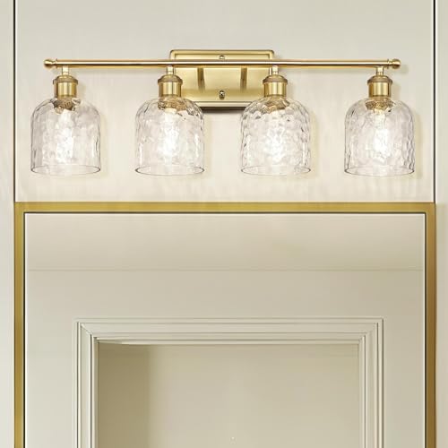 zeyu 27'' Modern Vanity Lights Over Mirror, 4-Light Brushed Gold Wall Light for Mirror Bedroom, Brushed Gold Finish with Clear Hammered Glass, ZJF63B-4W BG - color: Brushed Gold|Hammered Glass, size: 4-Light