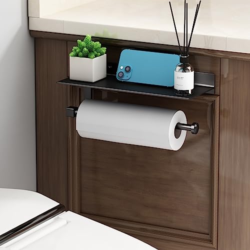 Wall Mount Paper Towel Holder with Shelf for Bathroom/Kitchen, Adhesive Hand Towel Holder, Matte Black - color: Black