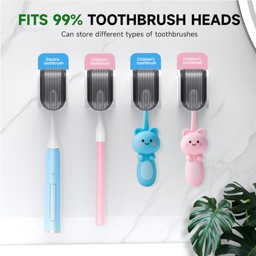 4 Pcs Toothbrush Holders Wall Mounted, Single Slot Design, Shower Self Adhesive Wall Mounted Toothbrush Holder with Cover, Waterproof and Dustproof, Suitable for Bathroom, Family, Travel (Grey) - color: 4pcs-grey