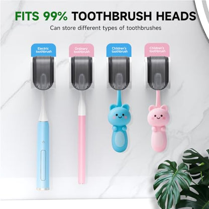 4 Pcs Toothbrush Holders Wall Mounted, Single Slot Design, Shower Self Adhesive Wall Mounted Toothbrush Holder with Cover, Waterproof and Dustproof, Suitable for Bathroom, Family, Travel (Grey) - color: 4pcs-grey