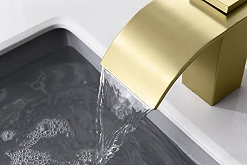 SUMERAIN Brushed Gold Waterfall Bathroom Faucet 3 Hole 8 Inch Widespread Bathroom Sink Faucet - color: Brushed Gold