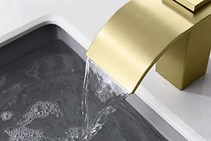 SUMERAIN Brushed Gold Waterfall Bathroom Faucet 3 Hole 8 Inch Widespread Bathroom Sink Faucet - color: Brushed Gold