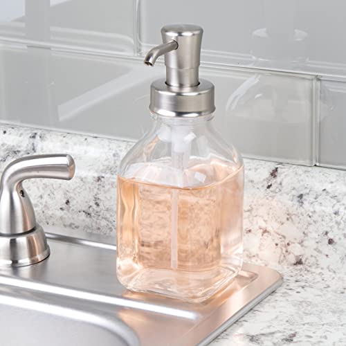 mDesign Square Glass Refillable Liquid Soap Dispenser Pump Bottle for Bathroom Vanity Countertop, Kitchen Sink - Holds Hand Soap, Dish Soap, Hand Sanitizer, Essential Oils - 2 Pack - Clear/Brushed - color: Clear/Brushed