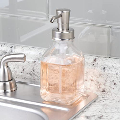 mDesign Square Glass Refillable Liquid Soap Dispenser Pump Bottle for Bathroom Vanity Countertop, Kitchen Sink - Holds Hand Soap, Dish Soap, Hand Sanitizer, Essential Oils - 2 Pack - Clear/Brushed - color: Clear/Brushed