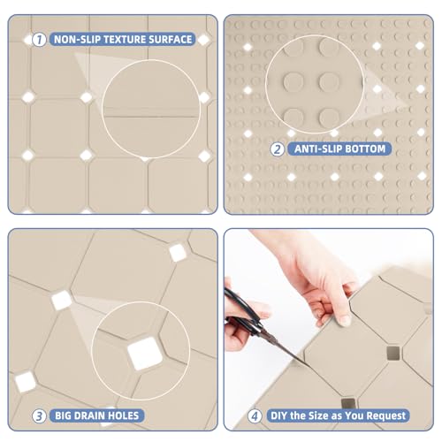 Bathtub Mat Non Slip 15" x 28" Silicone Foldable Tub Mat with Strong Suction Cups & Large Drain Holes, Durable & Eco-Friendly, for Smooth Surfaces, Ideal for Seniors, Adults Beige - color: Beige