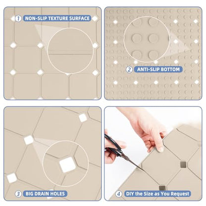 Bathtub Mat Non Slip 15" x 28" Silicone Foldable Tub Mat with Strong Suction Cups & Large Drain Holes, Durable & Eco-Friendly, for Smooth Surfaces, Ideal for Seniors, Adults Beige - color: Beige