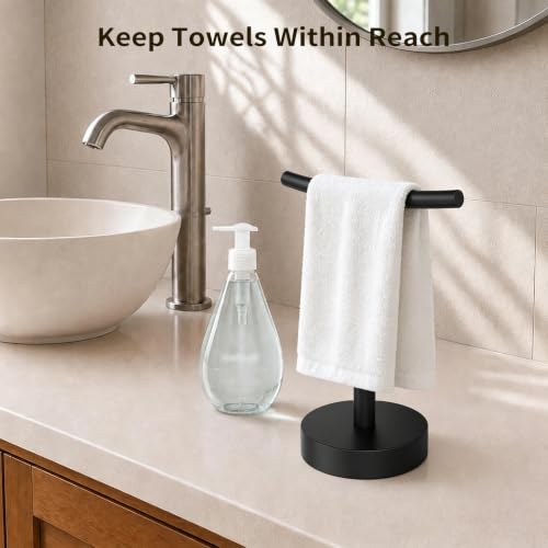 Hand Towel Holder Stand, Matte Black, 10.6" Height | Freestanding T-Shape Towel Rack, Weighted Base, For Bathroom & Kitchen - size: 10.6" Height