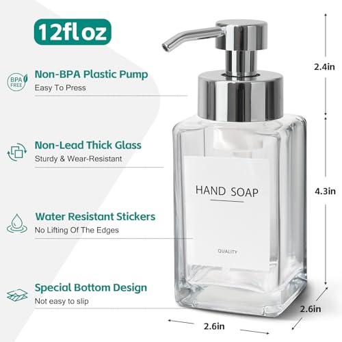 Foaming Soap Dispenser, 12oz/350ml Glass Hand Soap Dispenser Set, Refillable Foam Dispenser with Foaming Pump, Labels, Square Hand Dispenser for Bathroom, Kitchen 2 Pack - color: Clear Bottle + Silver Pump
