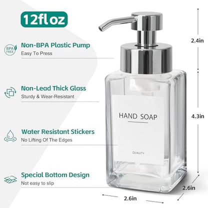 Foaming Soap Dispenser, 12oz/350ml Glass Hand Soap Dispenser Set, Refillable Foam Dispenser with Foaming Pump, Labels, Square Hand Dispenser for Bathroom, Kitchen 2 Pack - color: Clear Bottle + Silver Pump