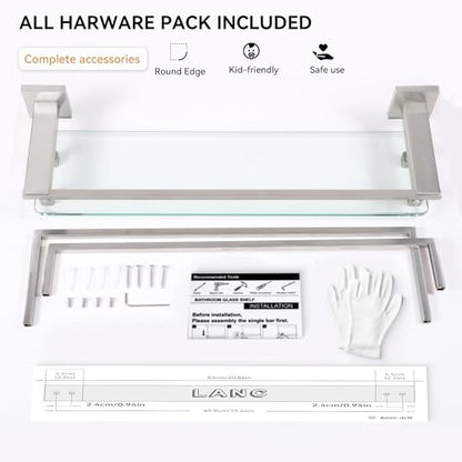 LANC Bathroom Shelves - 20 Inch Floating Tempered Glass Shelf with 2 Towel Rails for Modern Shower Bath Storage - Wall Mounted Stainless Steel Brushed Nickel, A7617BN - color: Brushed Nickel