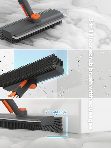 Floor Scrub Brush with Long Handle & Squeegee, 3 in 1 Floor Scrubber | Stiff Dual-side Bristle, 360° Swivel Head with Tweezer, for Cleaning Tile Wall Deck Bathroom Patio Garage Pool Kitchen (Gray) - color: Gray
