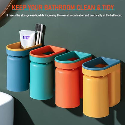 Toothbrush Holder Wall Mounted with Cup,2-in-1 Toothbrush Holders & Cups Set,Inverted Design for Easy Cleaning and draining,Stick-on Toothbrush Holder for Bathroom (Yellow) - color: Yellow