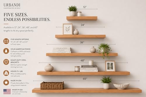 URBANDI, Rustic Floating Shelves, Set of 2, Hidden Bracket, Solid Wood, Heavy Duty, Wall Mounted Shelves, (Brown, 48Wx8D) - color: Brown, size: 48Wx8D