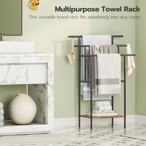 HOOBRO 39.4" Tall Freestanding Towel Rack for Bathroom, 3 Tier Stepped Blanket Rack with Shelf, Oversized Bath Towels Drying and Display Rack, Black and Rustic Brown BF50LB01 - color: Rustic Brown + Black