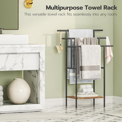 HOOBRO 39.4" Tall Freestanding Towel Rack for Bathroom, 3 Tier Stepped Blanket Rack with Shelf, Oversized Bath Towels Drying and Display Rack, Black and Rustic Brown BF50LB01 - color: Rustic Brown + Black