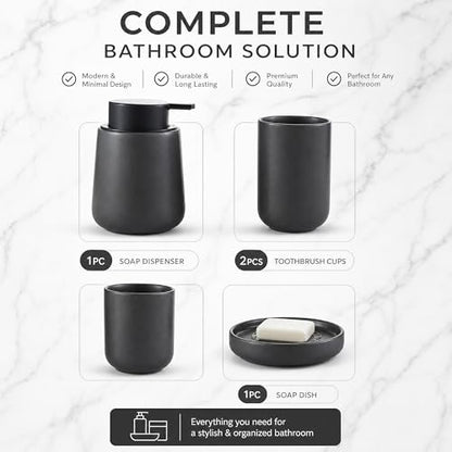 Ceramic Bathroom Accessories Set, foaming soap Dispenser,Bathroom soap and Toothbrush Holder Set,4 Piece with Soap Dispenser, Soap Dish, Toothbrush Holder and Cup, Grey