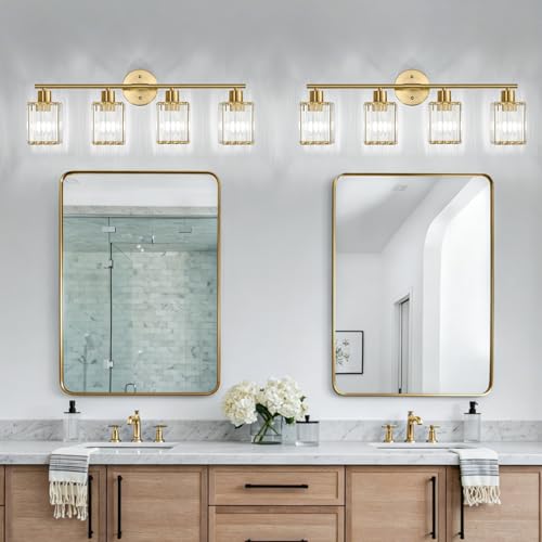 4 Light Bathroom Light Fixtures, Modern Crystal Vanity Lights over Mirror | Metal Frame, Bathroom Light with Square Crystal Shade, ETL Certified, E26 Ceramic Socket, Bulbs Not Included - color: Gold, size: 4-Light