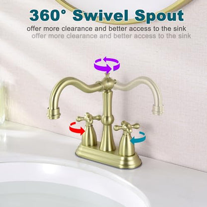 Antique Bathroom Faucet Brushed Gold, Senhozi Cross Handles Centerset Bathroom Faucet for Sink 3 Hole with Overflow Pop Up Drain Assembly and Supply Hose, SUS304 RV Bathroom Faucet 3 Hole, SE-0038-BG - color: Brushed Gold