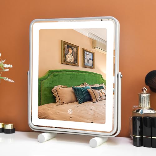 YEKKOPT Makeup Vanity Mirror with Lights,13" Large Hollywood LED Lighted Make up Mirror for Bedroom Tabletop,Three Color Lighting Modes,Smart Touch Control, 360°Rotation - size: 13"L x 10"W