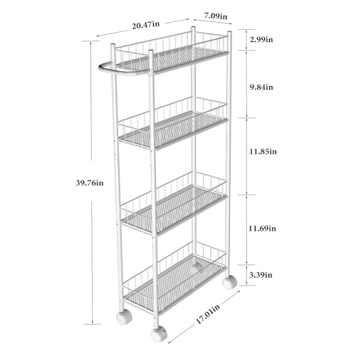 Utility Slim Storage Cart, 4-Tier Storage Cart, Narrow Cart with Handle, 7.1 Inches Deep, Metal Frame, for Kitchen, Dining Room, Living Room, Home Office, Rustic Brown and Classic (4 Tier White) - color: 4 Tier White