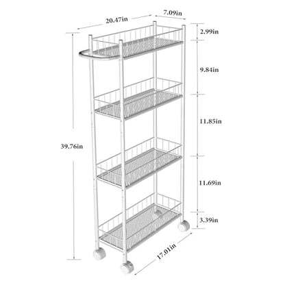 Utility Slim Storage Cart, 4-Tier Storage Cart, Narrow Cart with Handle, 7.1 Inches Deep, Metal Frame, for Kitchen, Dining Room, Living Room, Home Office, Rustic Brown and Classic (4 Tier White) - color: 4 Tier White