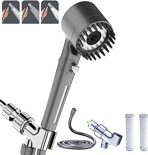 Shower Head with Handheld, Shower Heads High Pressure, High Flow Even with Low Water Pressure-Hand Held Showerhead Set,3 Modes Filtered Showerhead with 59″Replacement Hose/Bracket/Cotton Filters - color: Gray