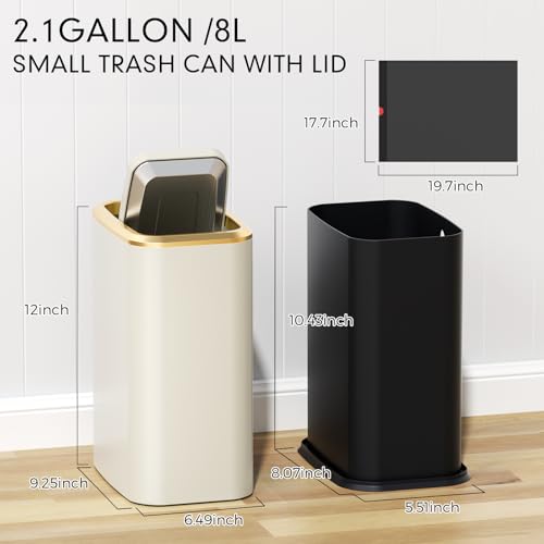 Bathroom Trash Can with Lid 8L/2.1 Gallon Beige Trash Can Small Garbage Can with Swing Top Lid Slim Stainless Steel Garbage Can with 100 Counts Trash Bags for Bathroom Bedroom Kitchen Office Toilet - color: Beige, size: Swing-Lid Trash Can
