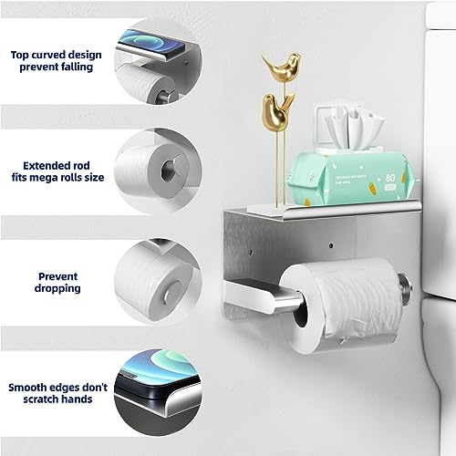 GLNLQ Brushed Nickel Toilet Paper Holder Wall Mount, Fits Mega Rolls Size Sliver Toilet Paper Holder with Shelf, Rustproof Stainless Steel Toilet Paper Roll Holder, Toilet Tissue Holder for Bathroom | Adhesive or Screw-in, Stainless Steel Material, Wall-M
