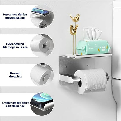 GLNLQ Brushed Nickel Toilet Paper Holder Wall Mount, Fits Mega Rolls Size Sliver Toilet Paper Holder with Shelf, Rustproof Stainless Steel Toilet Paper Roll Holder, Toilet Tissue Holder for Bathroom | Adhesive or Screw-in, Stainless Steel Material, Wall-M
