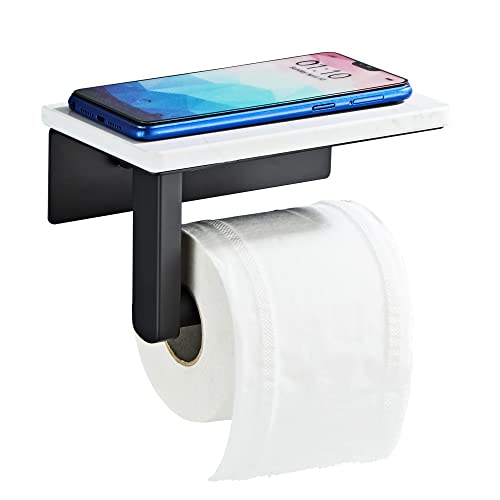 Matte Black Toilet Paper Holder with Marble-Look Shelf, Wall Mounted SUS304 Stainless Steel Toilet Roll Holder with Phone Storage - color: Matte Black