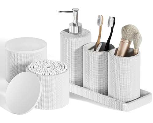 6-Piece White Bathroom Set - Mesh Textured Resin Bathroom Accessories Set with Soap Dispenser, Toothbrush Holder, Cup, Vanity Tray & Apothecary Jars for Small Spaces - color: White - Mesh Textured