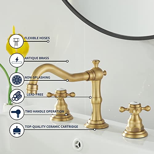 2 Handles 3 Holes Faucet Widespread Bathroom Sink Faucet Antique Brass Basin Tap Mixer Supply Hose Included Matching Metal Pop Up Drain - color: Antique Brass, style: Ceramic Cover