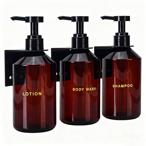 Wall Mounted Shampoo Dispenser for Shower, 3 Chamber 16.9 fl oz Each, 4CC Pump Soap Dispenser for Bathroom, Glossy Black Shampoo and Conditioner Dispenser with Crystal Labels (Brown) - color: Brown