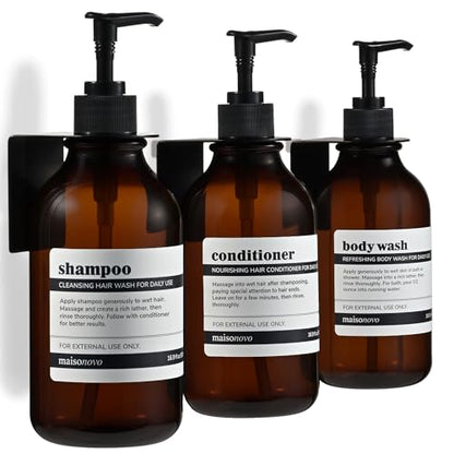 MaisoNovo Shampoo and Conditioner Dispenser|Refillable Amber Black Set of 3 | No Drill Wall Mount - Shower Soap Dispenser · Holds Body Wash or Hand Soap · Wall Soap Dispenser - color: Amber Classic Set of 3