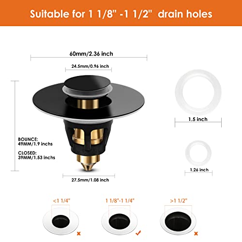 Universal Bathroom Sink Stopper, Basin Pop-up Bathroom Sink Drain Strainer, Bathroom Drain Stopper with Stainless Steel Hair Catcher for 1.1-1.5 Inch Drain(1 PCS, Black) - color: Matte Black