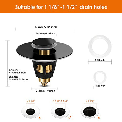 Universal Bathroom Sink Stopper, Basin Pop-up Bathroom Sink Drain Strainer, Bathroom Drain Stopper with Stainless Steel Hair Catcher for 1.1-1.5 Inch Drain(1 PCS, Black) - color: Matte Black