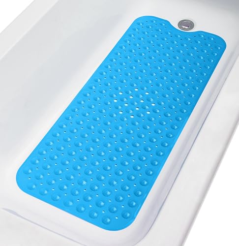 Extra-Long Non-Slip Bathtub & Shower Mat 39”x16” (Smooth/Non-Textured Tubs Only) Safe, Clean, Machine-Washable, Superior Grip&Drainage, Vinyl, Opaque Light Blue - color: Opaque Light Blue, size: 39" x 16" (Rectangular)