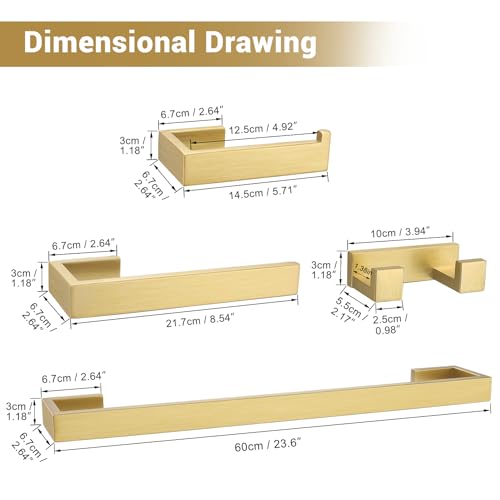 Lairuier Brushed Gold Bathroom Accessories, 23.6 inches Towel Bar Set | Including Towel Bar, Towel Holder, Toilet Paper Holder, Towel Hook, SUS304 Stainless Steel Bathroom Towel Holder Hardware Set - color: Brushed Gold, size: Set A