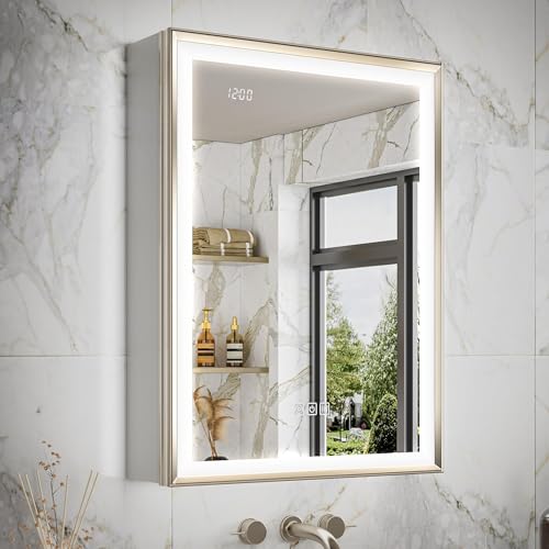 20x26 LED Medicine Mirror Cabinet, Beveled Brushed Nickel Frame | Lighted Aluminum Bathroom Cabinet, Surface or Recessed Mount, Dimmable 3 Color Temp, Defog, Outlet, Clock, Sensor Inner Light - size: 20x26''(Left Hinge)