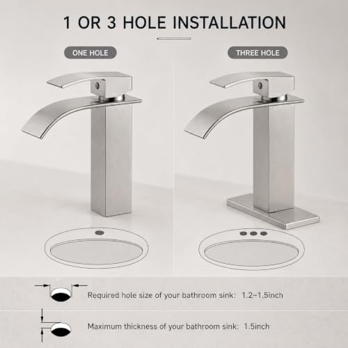 VOTON Waterfall Bathroom Faucet, Brushed Nickel 1-Hole with Deck & Drain | | SUS304 Stainless Steel | Rust-Resistant | Waterfall Flow - color: Brushed Nickel, size: Short