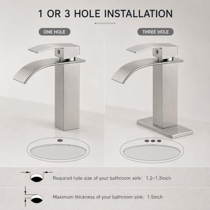 VOTON Waterfall Bathroom Faucet, Brushed Nickel 1-Hole with Deck & Drain | | SUS304 Stainless Steel | Rust-Resistant | Waterfall Flow - color: Brushed Nickel, size: Short