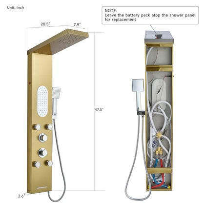 5-Jet LED Shower Panel Tower System Stainless Steel Brushed Gold | Rainfall head | 5 body jets | Handheld shower | LED lights | Brushed gold finish | Wall mount - color: Gold