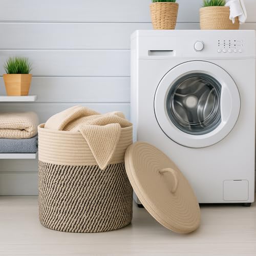 Yimi's Dream Cotton Rope Storage Basket with Lid, Brown & Black Soft Bin | Round Woven Lidded Basket for Blankets, Toys, Laundry, Nursery, Living Room, and Home Organization(11.5''D * 13.5''H) - color: 1 PACK-Brown&Black-LIDDED