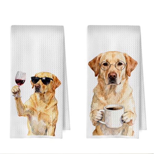 Yellow Labrador Kitchen Towels - Funny Yellow Lab Decorative Waffle Dish Towels, Coffee Dog Hand Towel for Kitchen, Labrador Decor Tea Towel for Wine Lover Gift, 16x24 Inch Set of 2 - color: Yellow Lab
